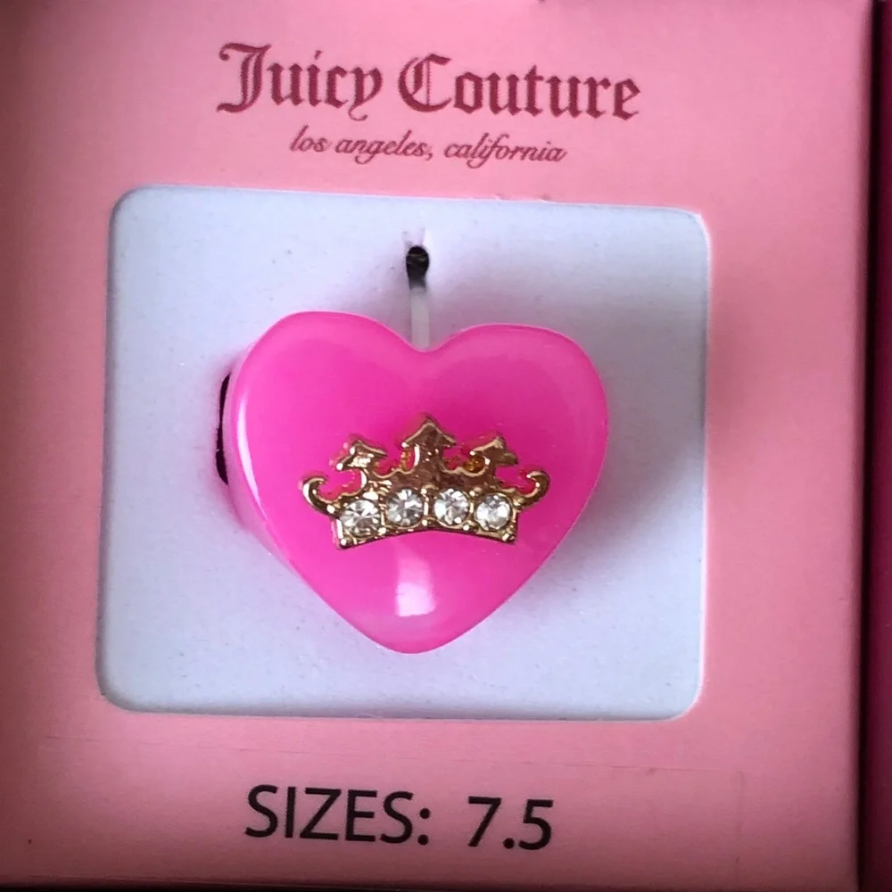 Juicy Couture Pink Resin Heart With Crown Cocktail Ring Crystal Size 7.5 NIB